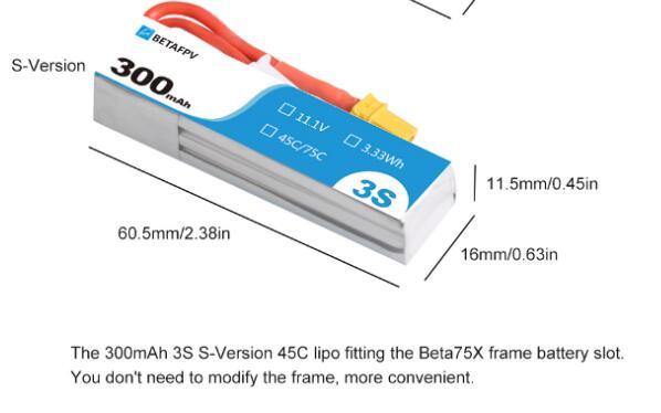 2Pcs BETAFPV 3S 11.1V 300mAh 45C Lipo Battery XT30 Plug For RC Drone