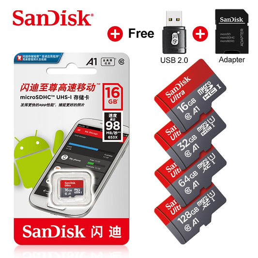 100 % SanDisk A1 Minneskort kamerakort 16GB 32GB 64GB Micro sd-kort 128GB 120MB/s Klass 10 UHS-1 flashkort Microsd TF/SD-kort