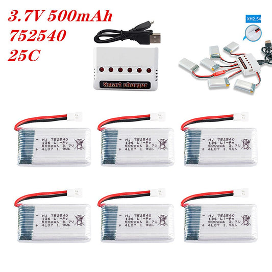 2-6st 3,7V 500mAh 752540 Lipo Batteri Med Laddare För Syma X5C X5SW M68 Cheerson CX-30 H5C Quadrocopter Drone Reservdelar