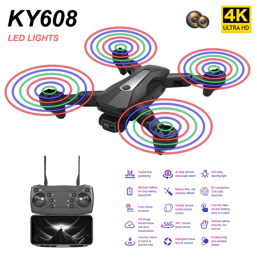 KY608 MINI Drone 4k Professionell Glödande Vingar Quadcopter med kameraleksaker RC Plane Drones FPV Control Helikopter med LED-ljus